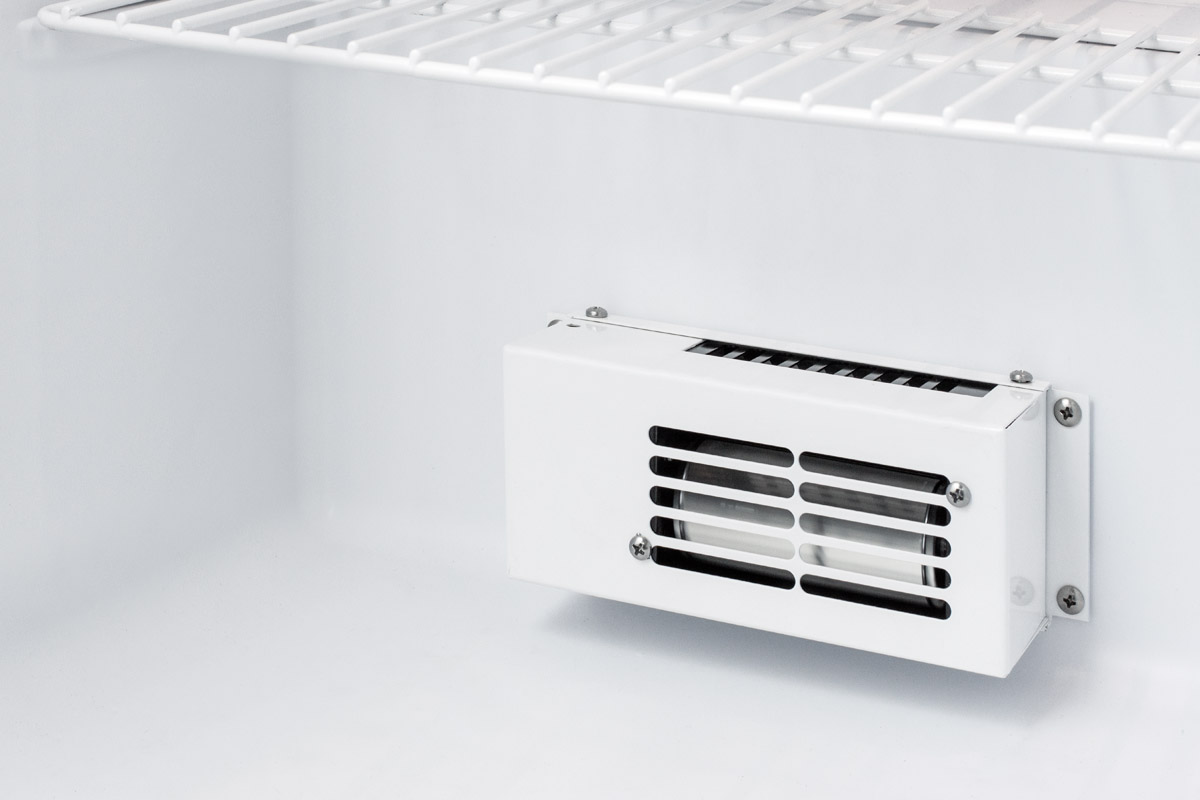 Compact auto defrost medical/scientific all-refrigerator with digital thermostat, NIST calibrated thermometer/alarm, front lock, hospital grade cord, and internal fan